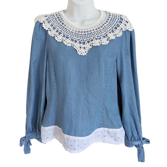 ZARA reworked denim blouse detachable crochet collar and lace edge Small @L - Picture 1 of 10